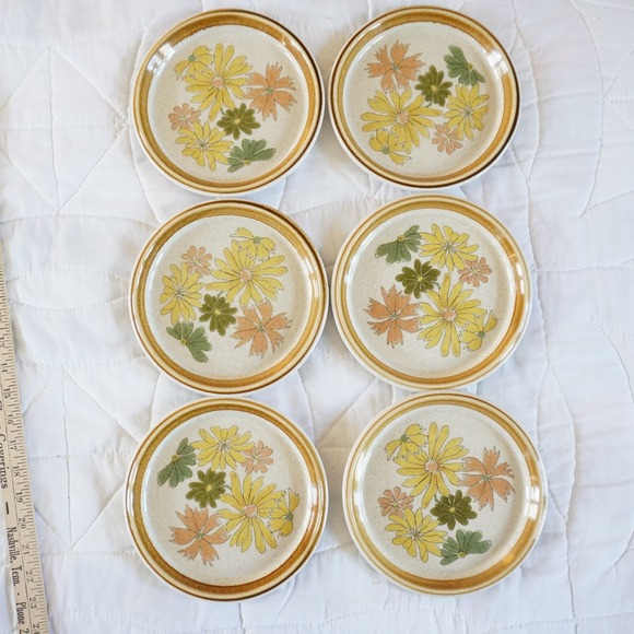 Mikasa Other - VTG Mikasa Stone Manor Invitation F5801 6 Dessert Plates Daisy Floral‎ Brown Rim